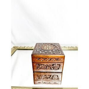 Beautiful Vintage India Hand Carved Square Wooden Trinket Box with Ornate